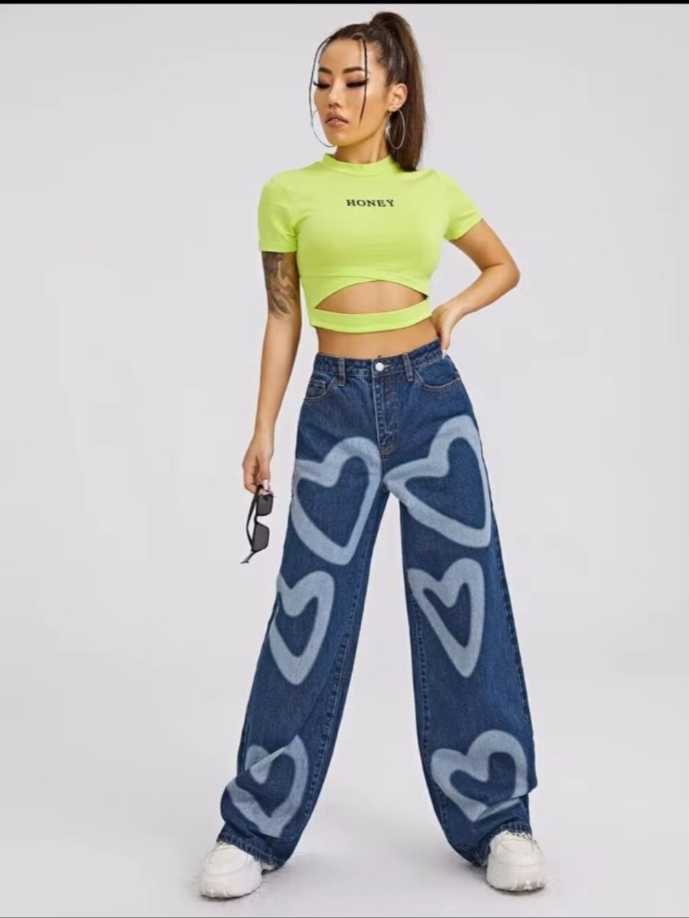 High Waist Wide Leg Loose Fit Baggy Bleach Heart Pattern Blue Denim Jeans